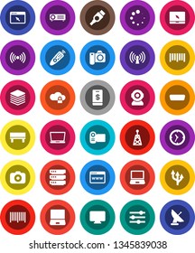 White Solid Icon Set- clock vector, barcode, camera, antenna, remote control, notebook pc, hdmi, cloud lock, big data, browser, equalizer, bench, loading, route arrow, wireless, tap pay, monitor