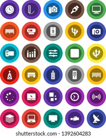 White Solid Icon Set- clock vector, barcode, antenna, equalizer, remote control, notebook pc, forward button, hdmi, big data, lan connector, bench, loading, route arrow, wireless, tap pay, monitor