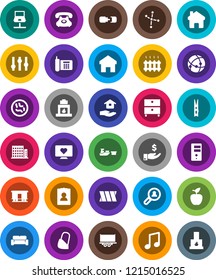 White Solid Icon Set- clothespin vector, house hold, apple fruit, music, archive, constellation, investment, personal information, heart monitor, phone, truck trailer, port, Railway carriage, server