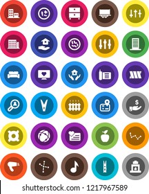 White Solid Icon Set- clothespin vector, house hold, apple fruit, music, archive, constellation, investment, any currency, heart monitor, navigator, phone, truck trailer, settings, microbs, bandage