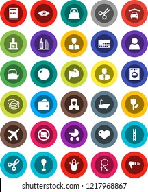 White Solid Icon Set- clothespin vector, bath, cleaner woman, kettle, apron, scissors, manager, jump rope, punching bag, fitball, muscule hand, no fastfood, hoop, plane, calendar, tulip, heart, eye