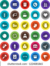 White Solid Icon Set- clothespin vector, cleaner woman, kettle, meat hammer, toaster, jug, school building, blackboard, bus, fitball, skateboard, water bottle, hoop, calendar, dry cargo, heart, key