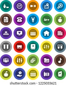 White Solid Icon Set- clothespin vector, house hold, apple fruit, music, personal information, hierarchy, cereals, heart monitor, navigator, Railway carriage, phone, port, settings, vial, microbs