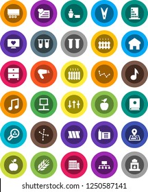White Solid Icon Set- clothespin vector, apple fruit, music, archive, constellation, hierarchy, cereals, heart monitor, navigator, phone, truck trailer, port, settings, vial, bandage, home, heating