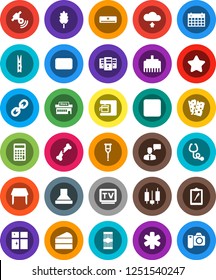 White Solid Icon Set- clothespin vector, shining window, cereal, pasta, cake, japanese candle, calculator, calendar, breads, clipboard, satellitie, tv, speaking man, link, mail, stop button, server
