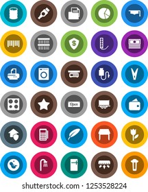 White Solid Icon Set- clothespin vector, oven, graduate hat, pen, exam, pie graph, cash, truck trailer, document, tulip, oil barrel, barcode, favorites, hdmi, pregnancy, drop counter, table, bath