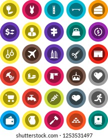 White Solid Icon Set- clothespin vector, water tap, drying clothes, kettle, meat hammer, jug, cake, exchange, manager, gold ingot, shorts, swimsuite, skateboard, gymnast rings, run, signpost, plane