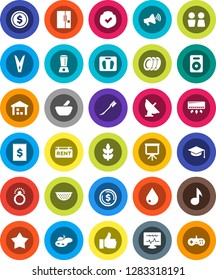 White Solid Icon Set- clothespin vector, water drop, car fetlock, closet, colander, plates, graduate hat, presentation, music, dollar coin, scales, cereals, receipt, warehouse, protected, speaker