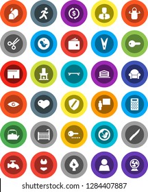 White Solid Icon Set- clothespin vector, water tap, kettle, apron, knife, grater, blackboard, exchange, wallet, manager, shorts, swimsuite, skateboard, run, heart, eye, pregnancy, scissors, shield
