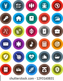 White Solid Icon Set- clothespin vector, bath, pan, scales, cook press, dish, music, exam, case, man, jump rope, enegry drink, heart monitor, stairways run, no alcohol sign, microphone, pulse, home