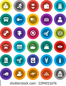 White Solid Icon Set- clothespin vector, kettle, grater, toaster, scissors, school bus, wallet, calendar, gold ingot, punching bag, swimsuite, no fastfood, hoop, run, signpost, plane, eye, user, key