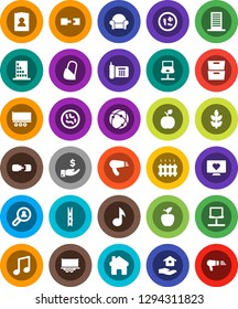 White Solid Icon Set- clothespin vector, house hold, apple fruit, music, archive, investment, personal information, cereals, heart monitor, phone, truck trailer, microbs, bandage, connection, home