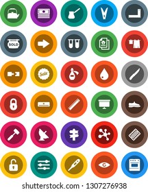 White Solid Icon Set- clothespin vector, water drop, drying clothes, kettle, knife, meat hammer, turk coffee, corner ruler, cash, presentation board, snickers, molecule, signpost, satellite antenna