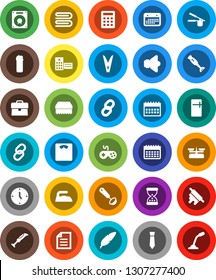 White Solid Icon Set- clothespin vector, sponge, towel, iron, cleaning agent, cook press, ladle, rolling pin, blender, pen, document, case, clock, tie, calendar, scales, speaker, gamepad, link, sand