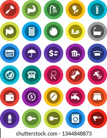 White Solid Icon Set- clothespin vector, water tap, bath, shower, meat hammer, grater, school bus, exchange, wallet, jump rope, fitball, muscule hand, shorts, bottle, ship, calendar, umbrella, tulip