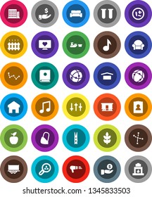White Solid Icon Set- clothespin vector, apple fruit, music, constellation, investment, personal information, cereals, heart monitor, truck trailer, port, dry cargo, Railway carriage, settings, vial