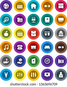 White Solid Icon Set- clothespin vector, house hold, apple fruit, music, archive, investment, heart monitor, Railway carriage, phone, truck trailer, settings, vial, microbs, connection, home