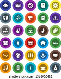 White Solid Icon Set- clothespin vector, house hold, music, constellation, investment, hierarchy, any currency, cereals, Railway carriage, phone, truck trailer, port, settings, vial, microbs, server