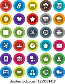 White Solid Icon Set- colander vector, compass, personal information, pie graph, arrow up, t shirt, pool, map pin, support, receipt, notebook pc, social media, backward button, connect, glass, hub