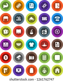 White Solid Icon Set- colander vector, jar, book, telescope, exchange, cash, annual report, calculator, personal information, dollar shield, muscule hand, pool, heart monitor, phone 24, radio, flask