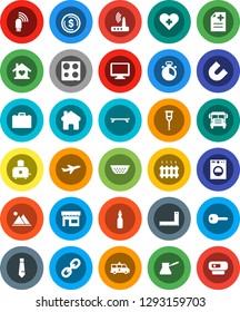White Solid Icon Set- colander vector, cook timer, turk coffee, toaster, oven, oil, corner ruler, case, magnet, school bus, dollar coin, tie, skateboard, plane, monitor, link, heart cross, crutches