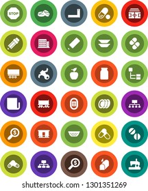 White Solid Icon Set- colander vector, plates, jar, pencil, corner ruler, apple fruit, money search, hierarchy, stadium, pills, Railway carriage, satellite, truck trailer, newspaper, stop, mailbox
