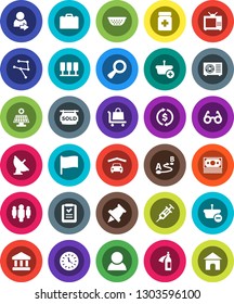 White Solid Icon Set- colander vector, glasses, case, paper pin, flag, bank, exchange, man, money, clock, route, satellite antenna, magnifier, syringe, pills bottle, potion, network, server, login