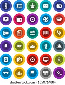 White Solid Icon Set- colander vector, thermometer, dish, cereal, school building, document, flag, wallet, bank, target, skateboard, heart monitor, ship, clock, no hook, oil barrel, film frame, hub