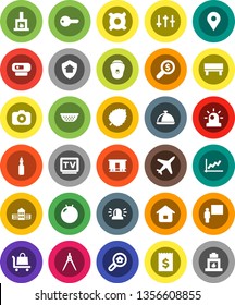 White Solid Icon Set- colander vector, dish, oil, school building, blackboard, drawing compass, leaf, graph, receipt, money search, any currency, fitball, map pin, plane, Railway carriage, camera