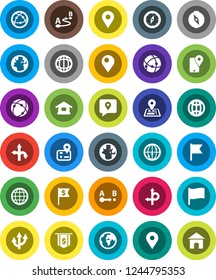 White Solid Icon Set- compass vector, world, flag, dollar, route, navigator, earth, map pin, traking, internet, connection, globe, arrow, home