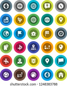 White Solid Icon Set- compass vector, world, flag, dollar, route, navigator, earth, map pin, traking, internet, connection, globe, arrow, home