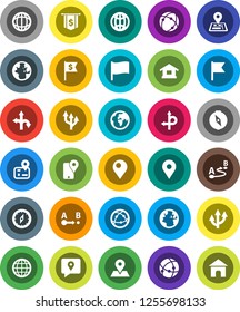 White Solid Icon Set- compass vector, world, flag, dollar, route, navigator, earth, map pin, traking, internet, connection, globe, arrow, home