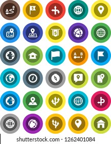 White Solid Icon Set- compass vector, world, flag, dollar, route, navigator, earth, map pin, traking, internet, connection, globe, arrow, home