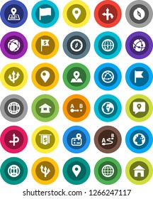 White Solid Icon Set- compass vector, world, flag, dollar, route, navigator, earth, map pin, traking, internet, connection, globe, arrow, home