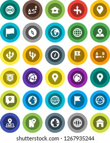 White Solid Icon Set- compass vector, world, flag, dollar, route, navigator, earth, map pin, traking, internet, connection, globe, arrow, home