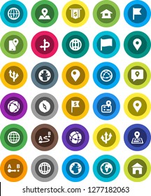 White Solid Icon Set- compass vector, world, flag, dollar, route, navigator, earth, map pin, traking, internet, connection, globe, arrow, home