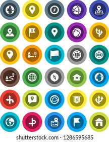 White Solid Icon Set- compass vector, world, flag, dollar, route, navigator, earth, map pin, traking, internet, connection, globe, arrow, home