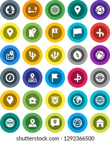 White Solid Icon Set- compass vector, world, flag, dollar, route, navigator, earth, map pin, traking, internet, connection, globe, arrow, home