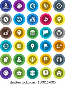 White Solid Icon Set- compass vector, world, flag, dollar, route, navigator, earth, map pin, traking, internet, connection, globe, arrow, home