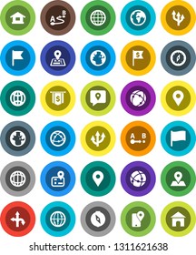 White Solid Icon Set- compass vector, world, flag, dollar, route, navigator, earth, map pin, traking, internet, connection, globe, arrow, home