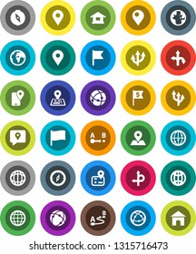 White Solid Icon Set- compass vector, world, flag, dollar, route, navigator, earth, map pin, traking, internet, connection, globe, arrow, home