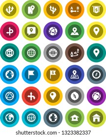 White Solid Icon Set- compass vector, world, flag, dollar, route, navigator, earth, map pin, traking, internet, connection, globe, arrow, home