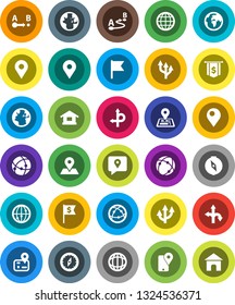 White Solid Icon Set- compass vector, world, flag, dollar, route, navigator, earth, map pin, traking, internet, connection, globe, arrow, home