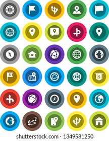 White Solid Icon Set- compass vector, world, flag, dollar, route, navigator, earth, map pin, traking, internet, connection, globe, arrow, home