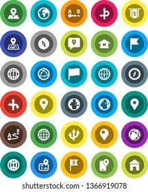 White Solid Icon Set- compass vector, world, flag, dollar, route, navigator, earth, map pin, traking, internet, connection, globe, arrow, home