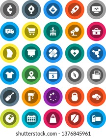 White Solid Icon Set- compass vector, molecule, pie graph, cart, bank building, presentation board, dollar calendar, cent sign, weight, buttocks, map pin, document, protected, flammable, microphone