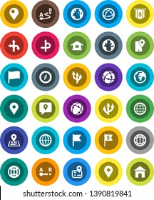White Solid Icon Set- compass vector, world, flag, dollar, route, navigator, earth, map pin, traking, internet, connection, globe, arrow, home