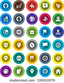 White Solid Icon Set- compass vector, world, flag, dollar, route, navigator, earth, map pin, traking, internet, connection, globe, arrow, home