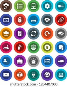 White Solid Icon Set- connection vector, notebook network, cloud, glass, shield, exchange, server, browser, gear, menu, usb modem, router, lan connector, refresh, redo, mail, globe, attachment, lock