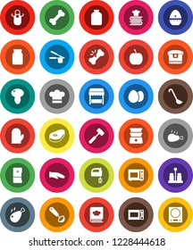 White Solid Icon Set- cook hat vector, apron, glove, timer, press, ladle, meat hammer, mixer, microwave oven, double boiler, cookbook, spices, jar, egg, mushroom, steak, chicken leg, diet, bone
